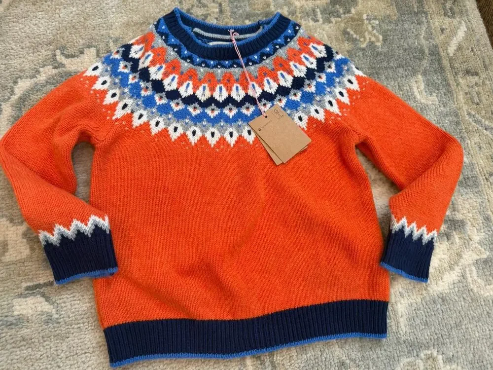 Mini Boden Orange Fair Isle Wool Blend Sweater Kids Sz 6-7 NWT $79